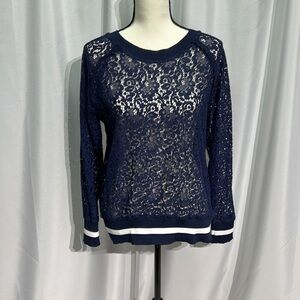 MASSINI Sheer Lace Crew Neck Navy Blue Blouse with Ruffle - Size Small